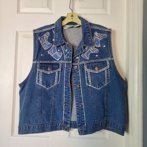 Vintage Bill Blass Blue Denim Vest Embroidered Studded Western Cowboy Horse 2XL